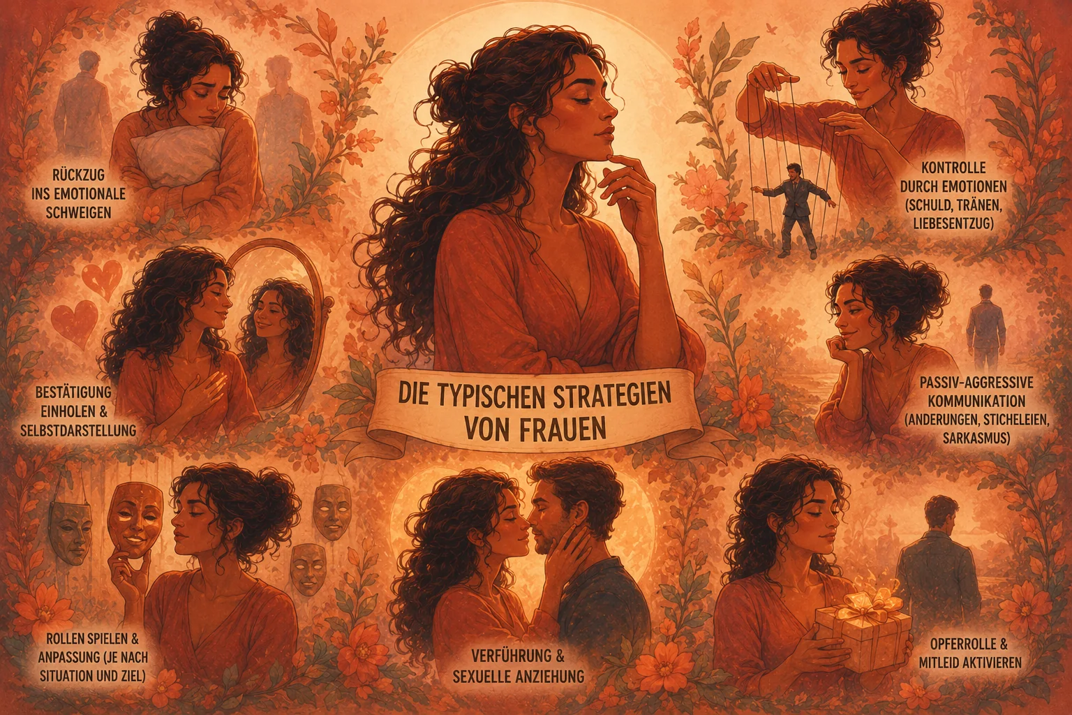 Symbolische Illustration mit verschiedenen Reaktionen auf Nähe, Kritik, Rückzug und Anerkennung.