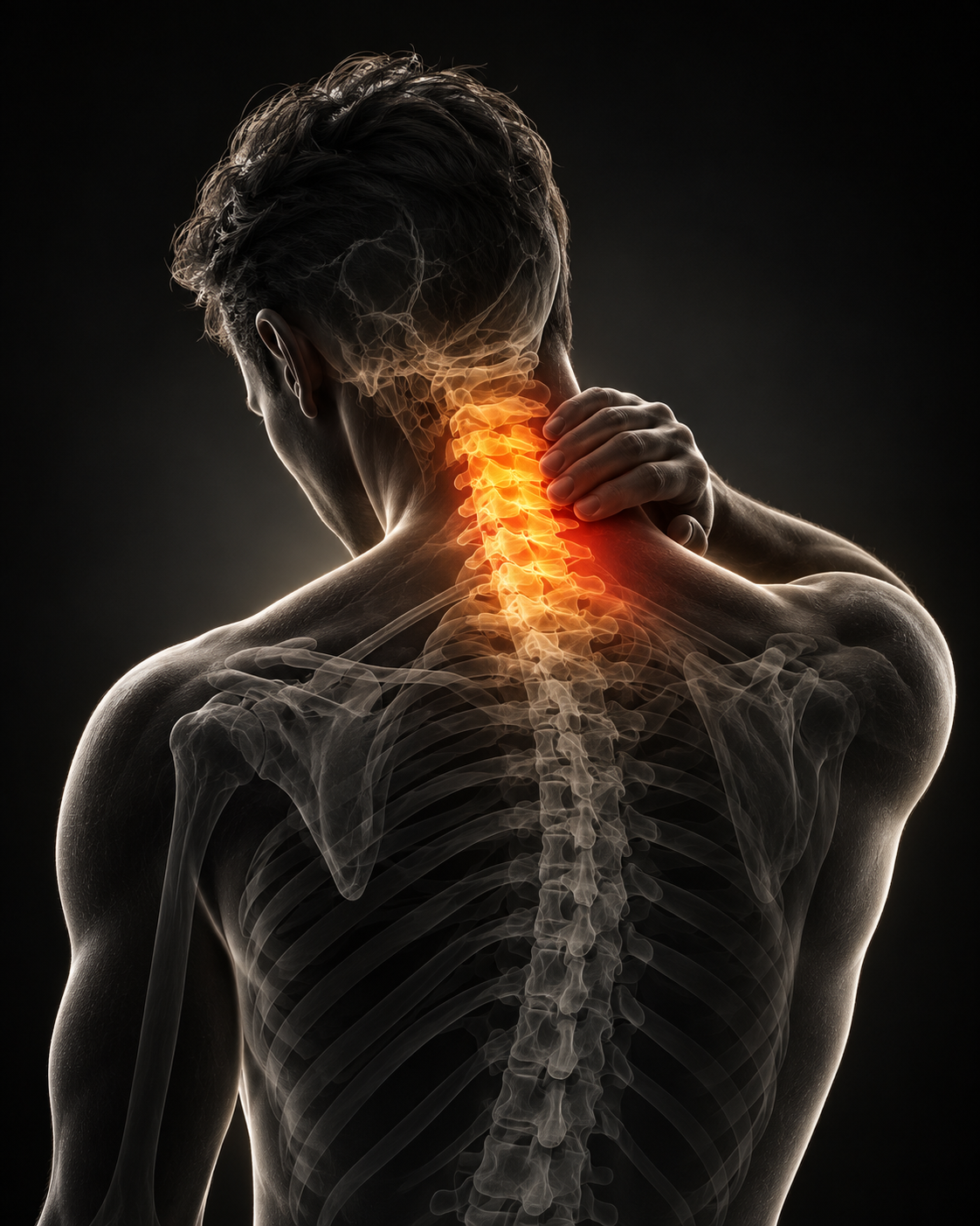Illustration einer Person mit orange-gold hervorgehobener Halswirbelsäule und einer Hand im Nacken